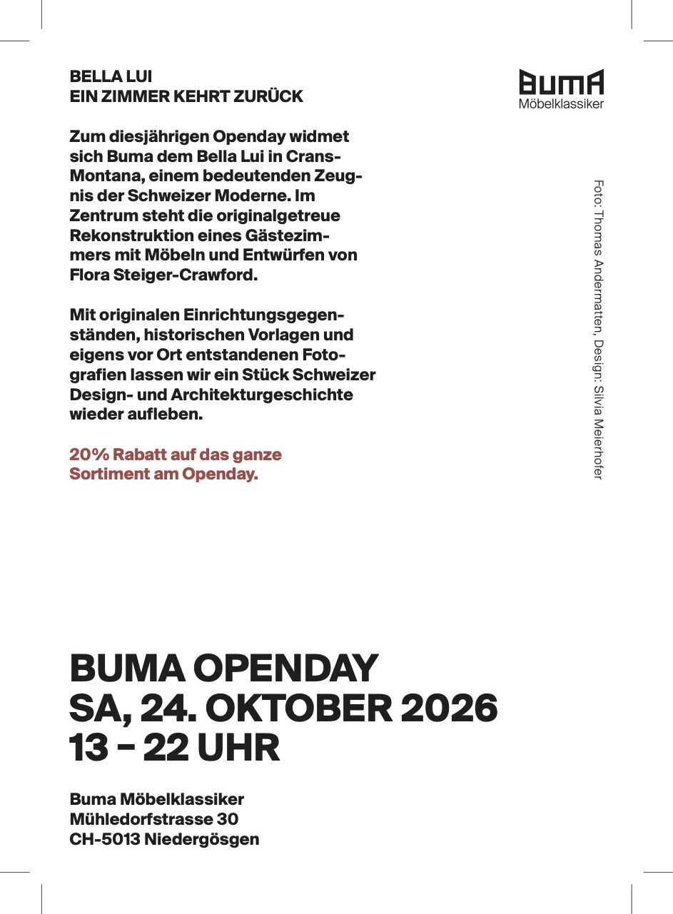 Buma flyer bella lui 26 A6 DRUCK v1 Buma Möbelklassiker Vintage-Klassiker und Designermöbel Möbel Olten Zürich Schweiz